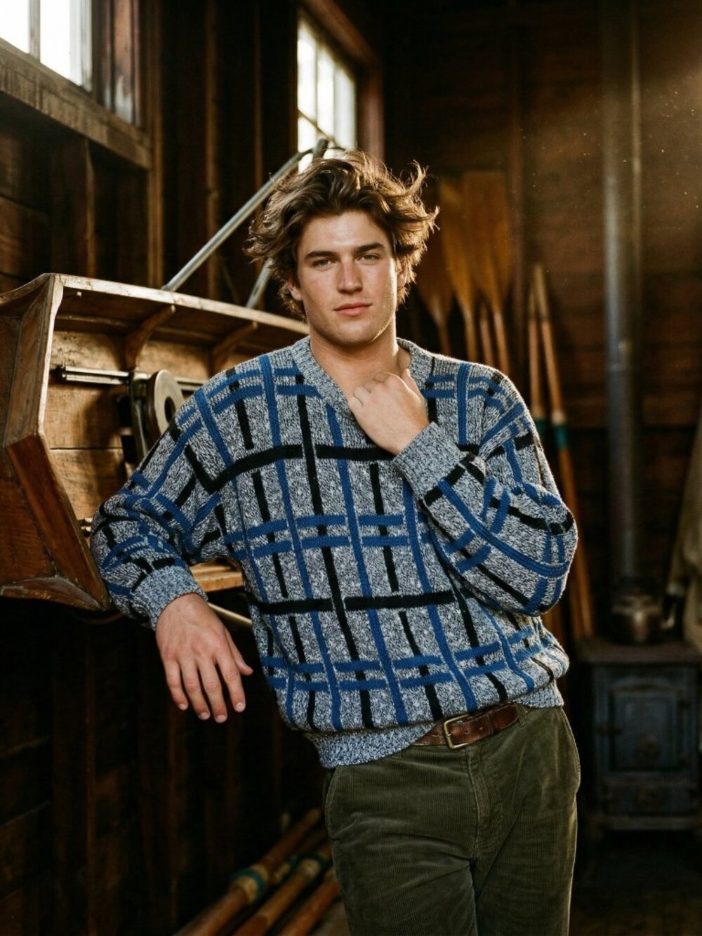JJ Cochran Mens Large Sweater Blue Gray Cotton Acrylic Geometric Pullover Retro